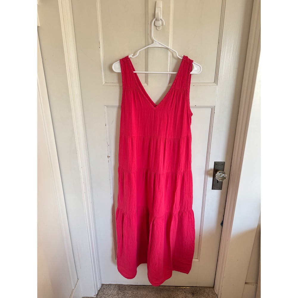 Quince hot pink organic cotton gauze tiered maxi dress size medium